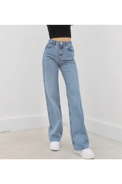 Linda Likralı 90 s Kadın Mavi Kar Süper Yüksek Bel Salaş Paça Denim Kot Palazzo Pantolon