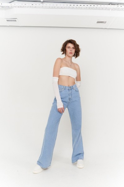 Arya Kadın Açık Mavi Kar Yıkama Yüksek Bel Salaş Paça Denim Kot Pantolon