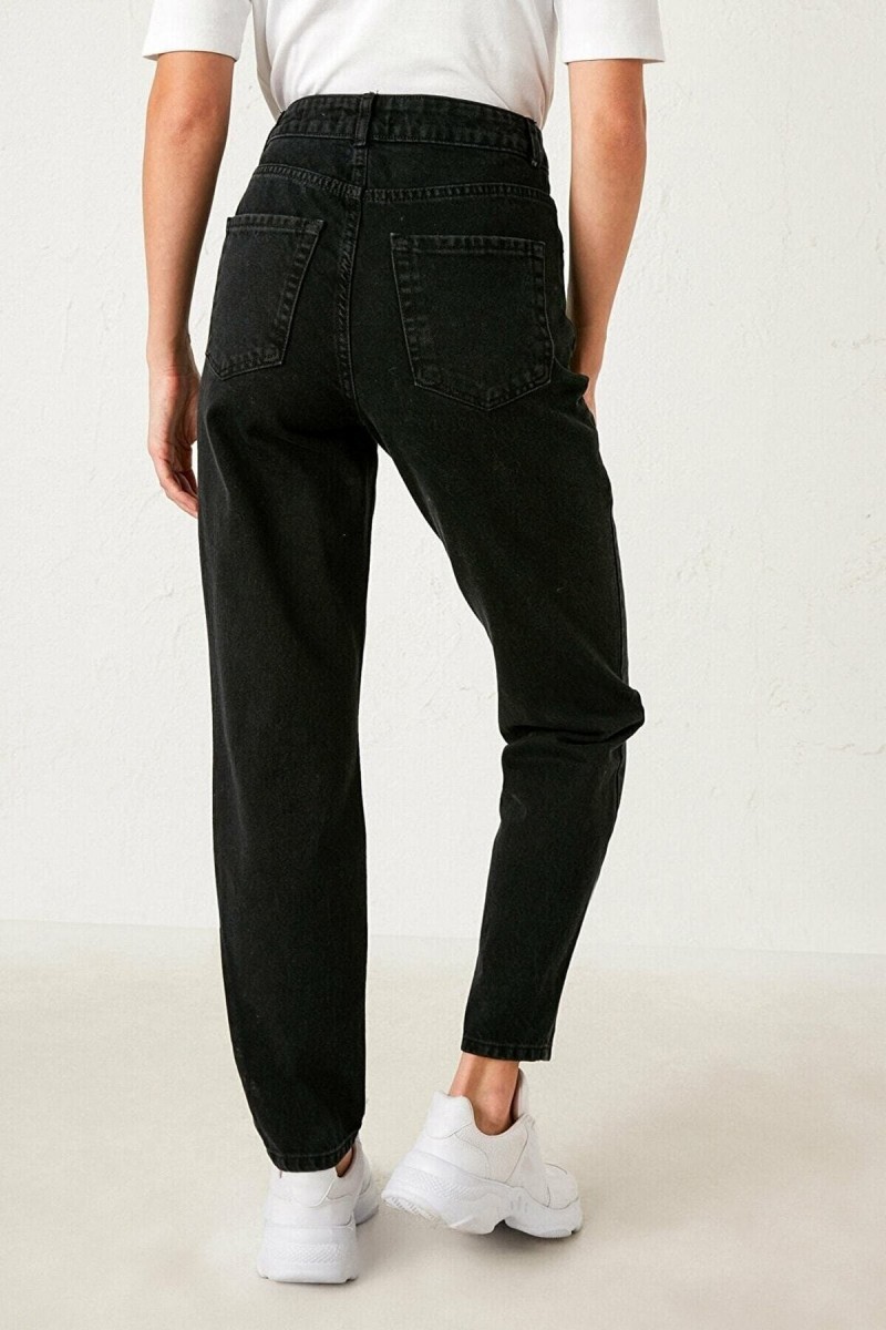 Siyah Jeans Kadın Beli Lastikli Yüksek Bel Mom Jeans