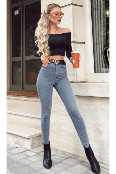 Kadın Gri Skinny Jeans Pantolon (toparlayıcı)