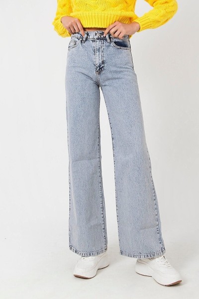 Napoli Kadın Mavi Kar Yıkama Süper Yüksek Bel Likralı Salaş Paça Denim Kot Pantolon