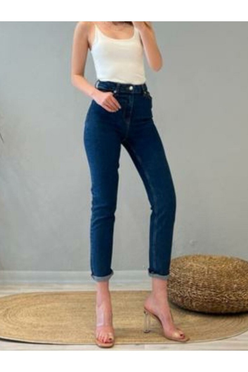 Koyu Mavi Yıkama Likralı Yüksek Bel Slim Mom Jeans Koyu Mavi Yıkama Likralı Yüksek Bel Slim Mom Jeans