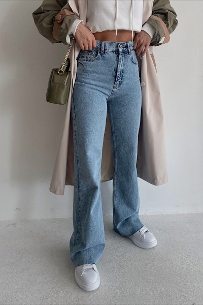 Romeo Süper Yüksek 90 s Kar Yıkama Mavi Likralı Salaş Jeans Palazzo Pantolon