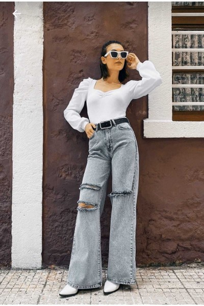 Yırtık S.o.l.m.a.z Mavi Kar Yıkama Süper Yüksek Bel Salaş Jean Pantolon. (süper Yüksek) Wide Leg