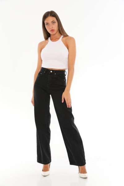 Siyah Likralı Süper Yüksek Bel Salaş Jeans Palazzo Pantolon. (süper Yüksek.) Wide Leg.