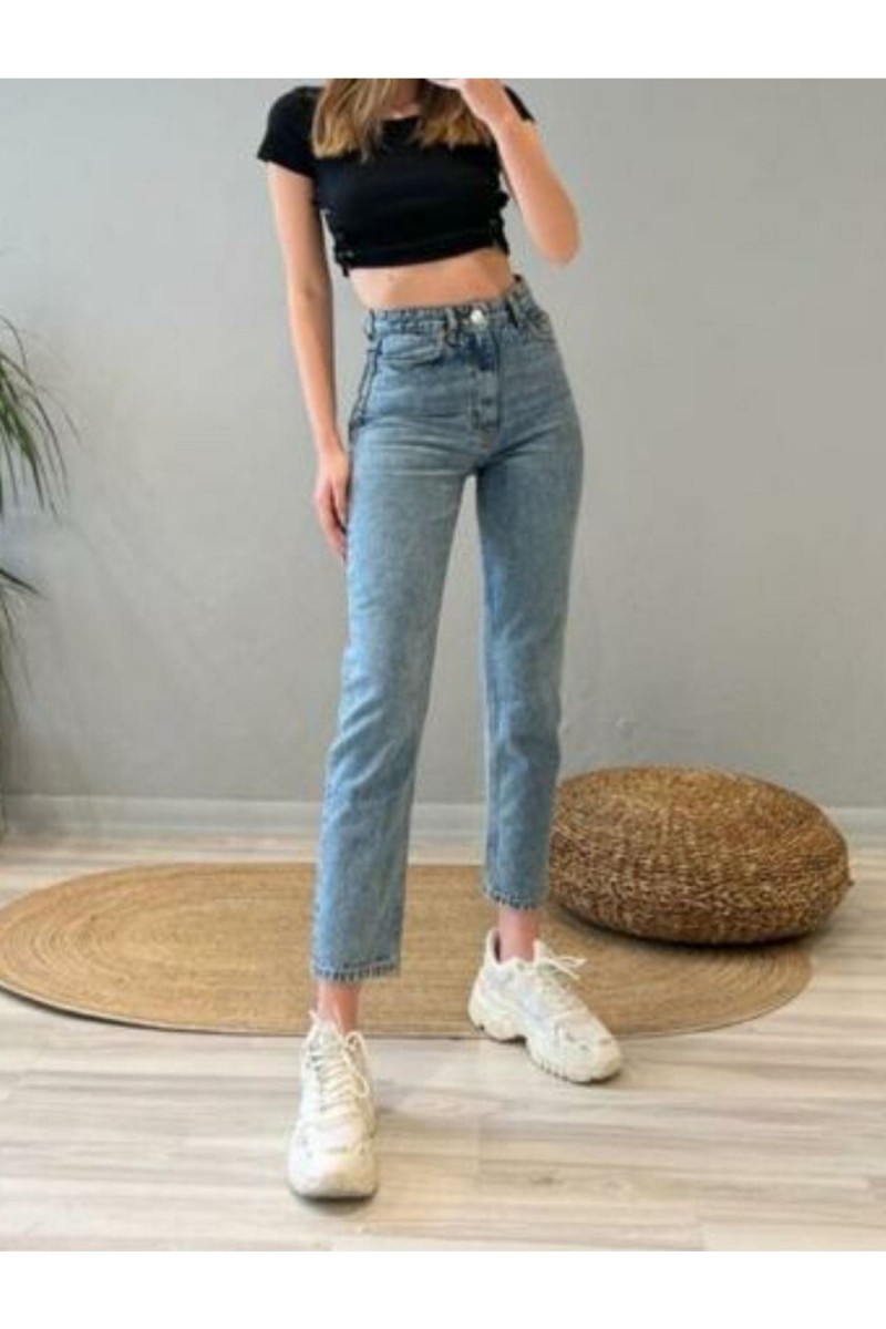 Mavi Likralı Yüksek Bel Slim Mom Jeans