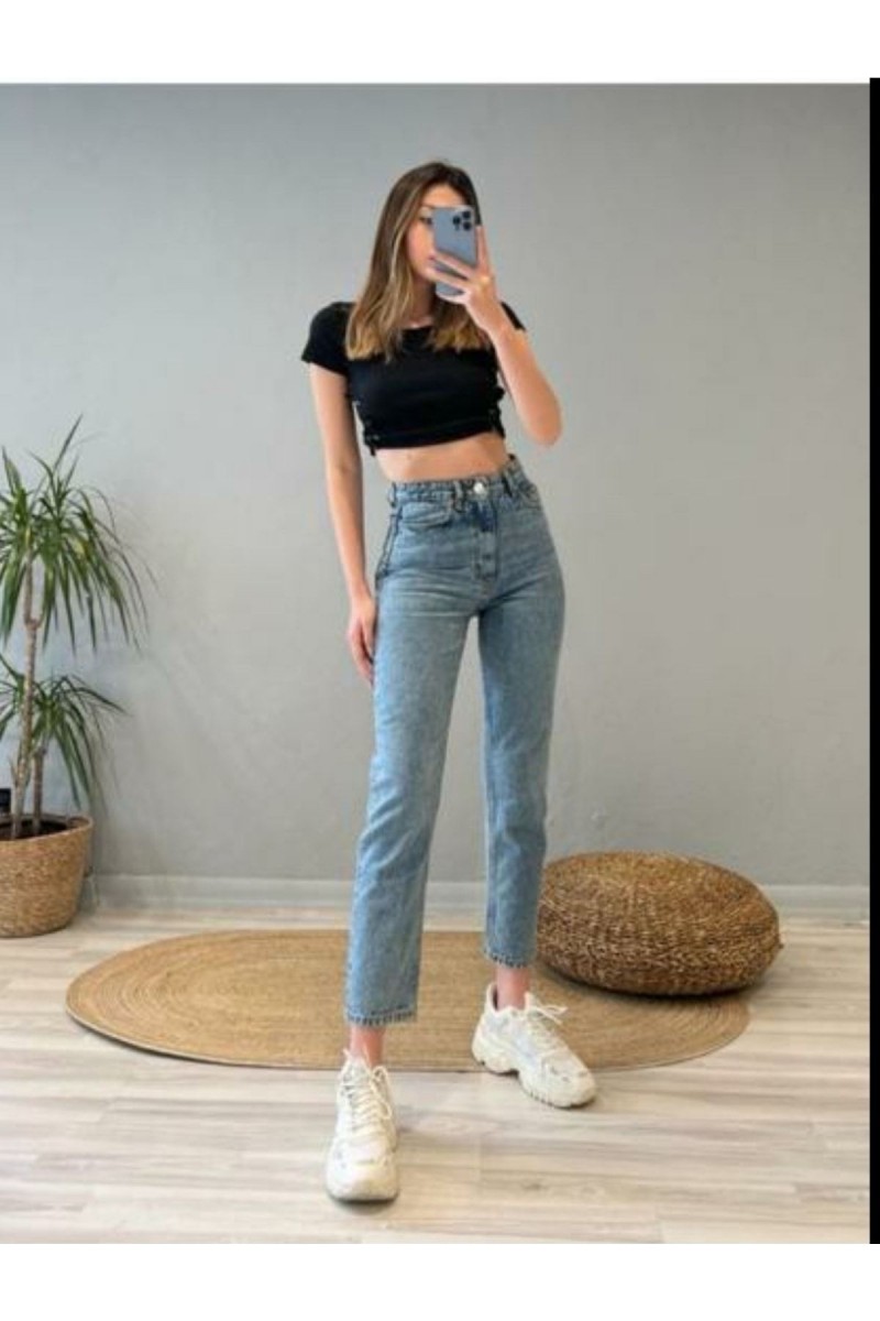Mavi Likralı Yüksek Bel Slim Mom Jeans