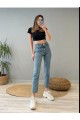 Mavi Likralı Yüksek Bel Slim Mom Jeans