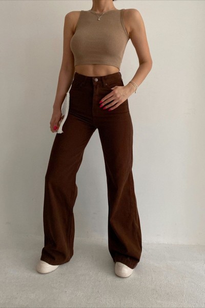 Scool Kahverengi Likralı Süper Yüksek Bel Salaş Jean Pantolon. (süper Yüksek.) Wide Leg.