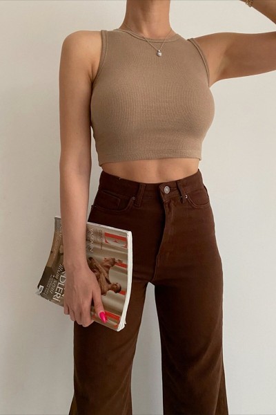 Kahverengi Likralı Süper Yüksek Bel Salaş Jeans Palazzo Pantolon. (süper Yüksek) Wide Leg