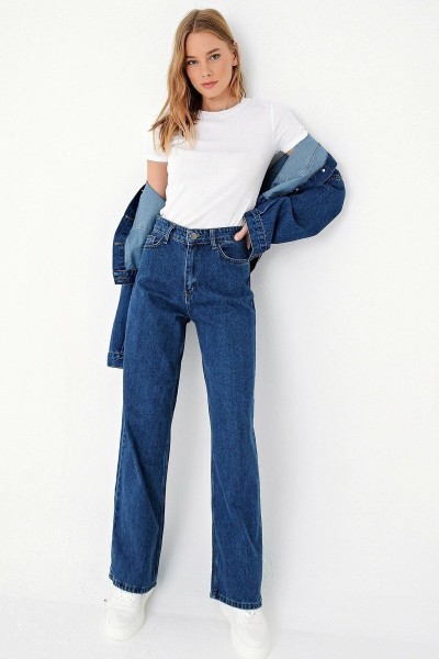 Koyu Mavi Likralı Süper Yüksek Bel Salaş Jeans Palazzo Pantolon. (süper Yüksek) Wide Leg