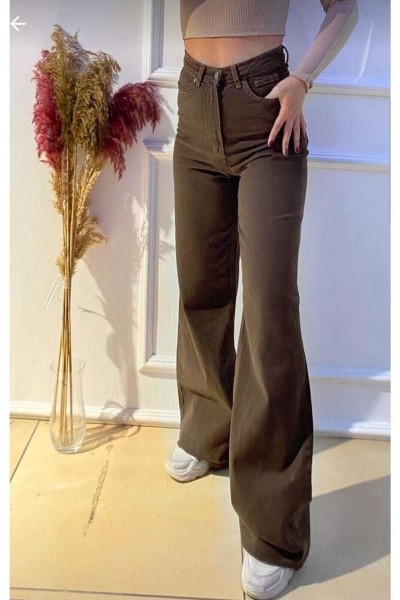 Kahverengi Likralı Süper Yüksek Bel Salaş Jeans Palazzo Pantolon. (süper Yüksek) Wide Leg