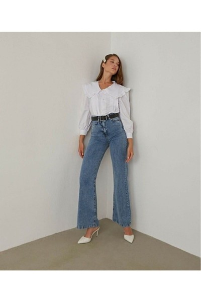 All Star Orta Kar Likralı Kadın Mavi Süper Yüksek Bel Salaş Paça Denim Kot Palazzo Pantolon