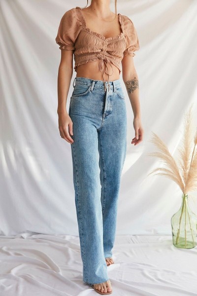 Mavi Likralı Süper Yüksek Bel Kot Salaş Paça Jeans Palazzo Pantolon
