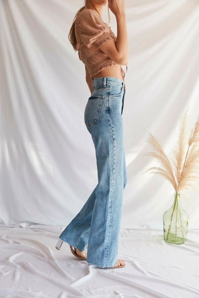 Mavi Likralı Süper Yüksek Bel Kot Salaş Paça Jeans Palazzo Pantolon