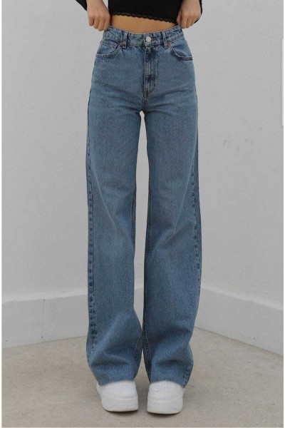 Bodrum Likralı Salaş Kadın Mavi Kar Yıkama Süper Yüksek Bel Salaş Paça Denim Kot Pantolon