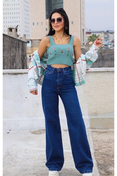 Julyet 90 s Solmaz Mavi Likralı Süper Yüksek Bel Salaş Jean Pantolon. (süper Yüksek.) Wide Leg.