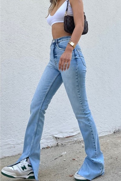 Kar Yıkama Içten Yırtmaçlı Likralı Kadın Süper Yüksek Bel Bol Paça Denim Kot Palazzo Pantolon