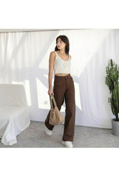 Kahverengi Likralı Süper Yüksek Bel Salaş Jeans Palazzo Pantolon. (süper Yüksek) Wide Leg