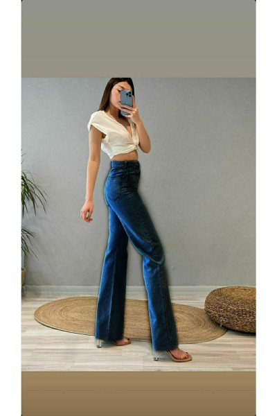 90 s Koyu Mavi Likralı Süper Yüksek Bel Salaş Jeans Palazzo Pantolon Wide Leg