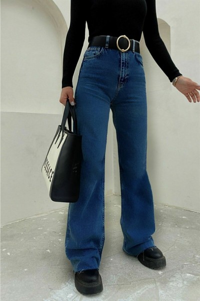 Orta Mavi Likralı Süper Yüksek Bel Salaş Jeans Palazzo Pantolon. (süper Yüksek) Wide Leg