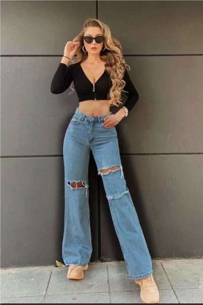 Koyu Mavi Yırtık Süper Yüksek Bel Salaş Jeans Palazzo Pantolon (power Likralı)