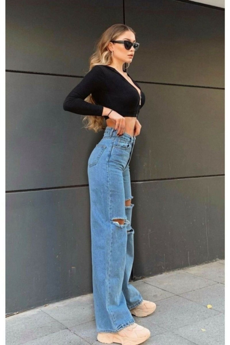 Koyu Mavi Yırtık Süper Yüksek Bel Salaş Jeans Palazzo Pantolon (power Likralı)