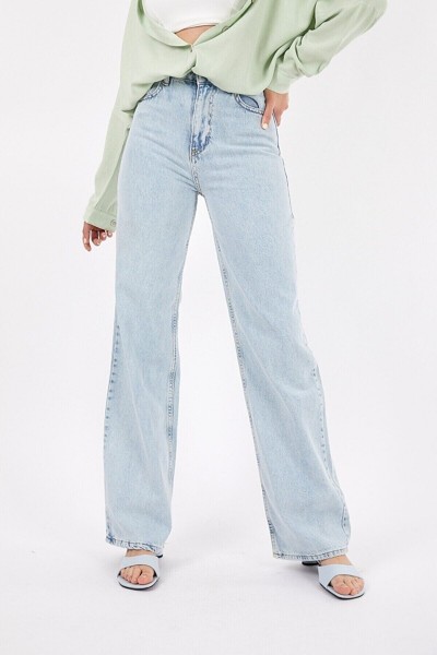 Kadın Buz Kar Salaş Likralı Kadın Mavi Süper Yüksek Bel Salaş Paça Denim Kot Palazzo Pantolon