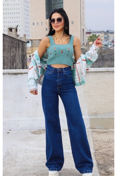 Blue 90 s Orta Koyu Mavi Likralı Süper Extra Yüksek Bel Palazzo Salaş Jean Pantolon