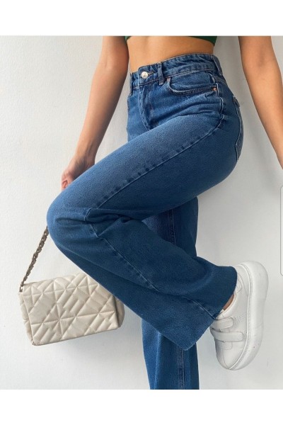 Koyu Mavi Salaş Likralı Kadın Süper Yüksek Bel Salaş Paça Denim Kot Palazzo Pantolon