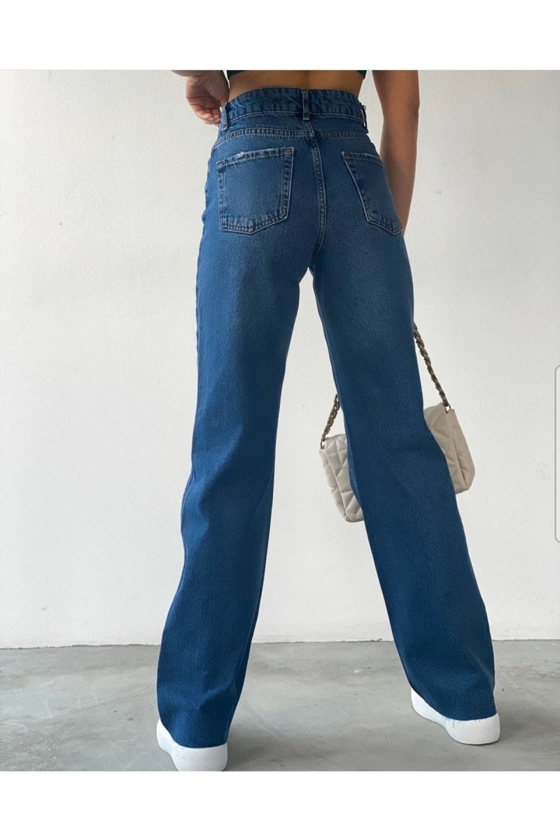 Koyu Mavi Salaş Likralı Kadın Süper Yüksek Bel Salaş Paça Denim Kot Palazzo Pantolon Koyu Mavi Salaş Likralı Kadın Süper Yüksek Bel Salaş Paça Denim Kot Palazzo Pantolon