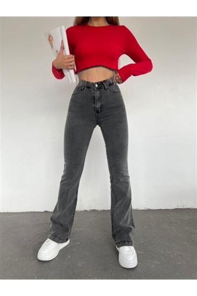 Füme Kar Yıkama Ispanyol Paça Likralı Flare Jeans Kot Pantolon Toparlayıcı