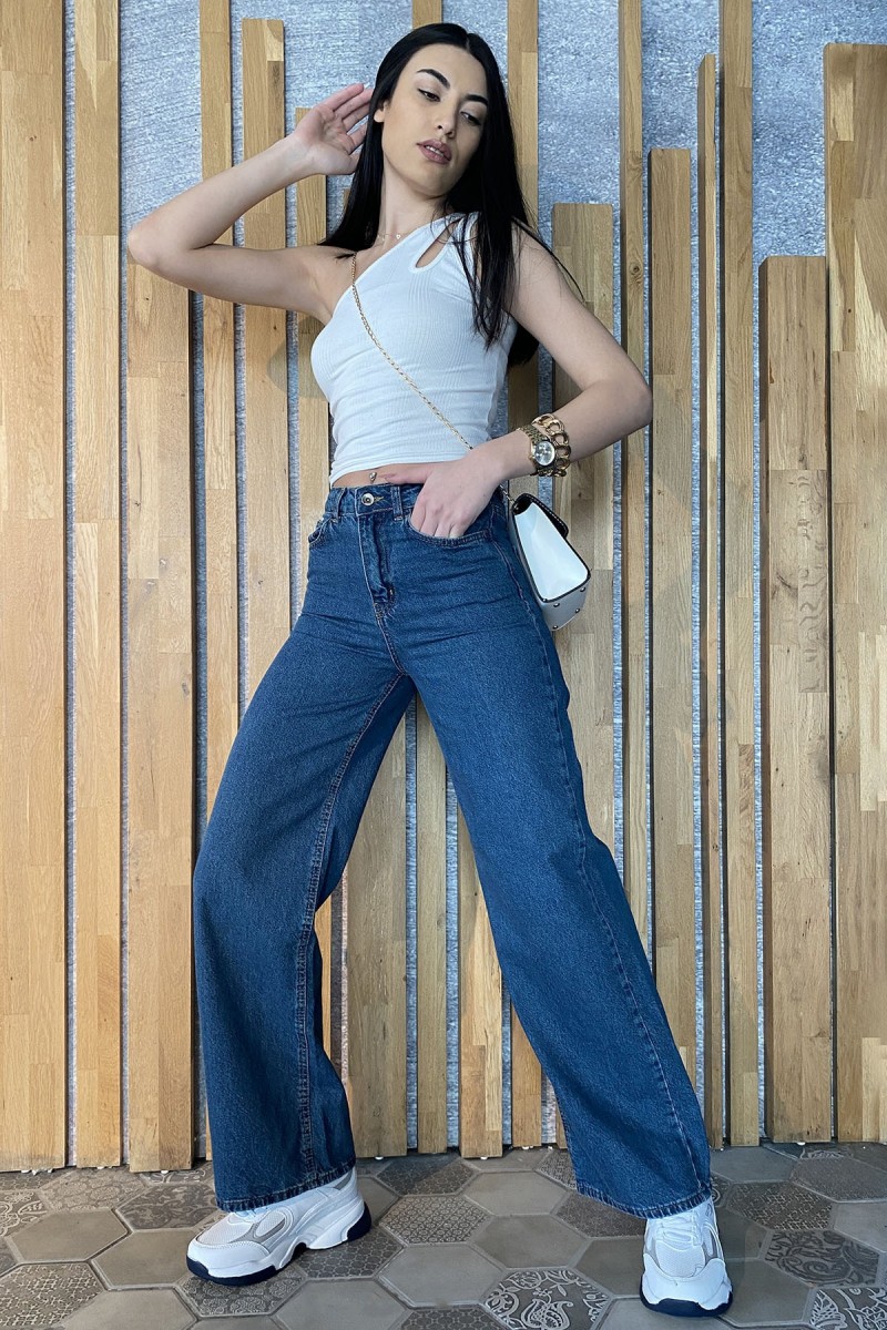 Bechkam Likralı Kadın Koyu Mavi Süper Yüksek Bel Salaş Paça Denim Kot Salaş Pantolon