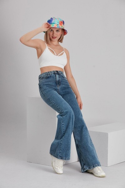 Charlisthon Likralı Kadın Mavi Orta Kar Süper Yüksek Bel Salaş Paça Denim Kot Salaş Pantolon