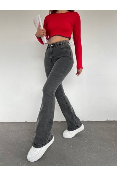 Füme Kar Yıkama Ispanyol Paça Likralı Flare Jeans Kot Pantolon Toparlayıcı