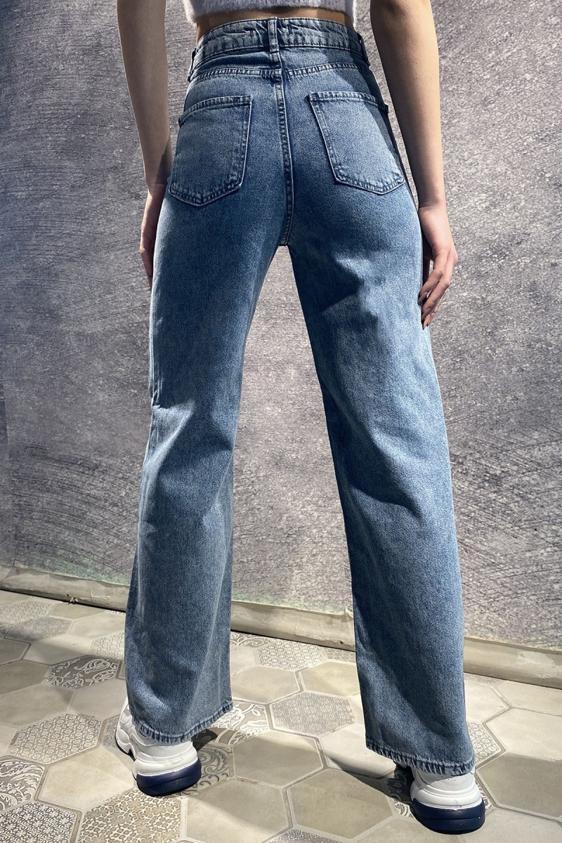 Nice Likralı Kadın Mavi Orta Kar Süper Yüksek Bel Salaş Paça Denim Kot Salaş Pantolon