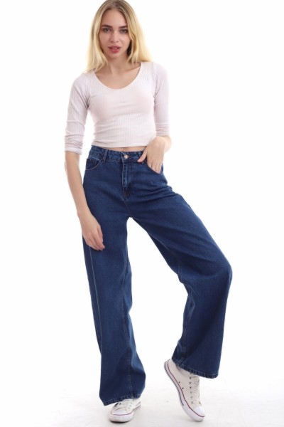 Vandanara Likralı Kadın Koyu Mavi Süper Yüksek Bel Salaş Paça Denim Kot Salaş Pantolon