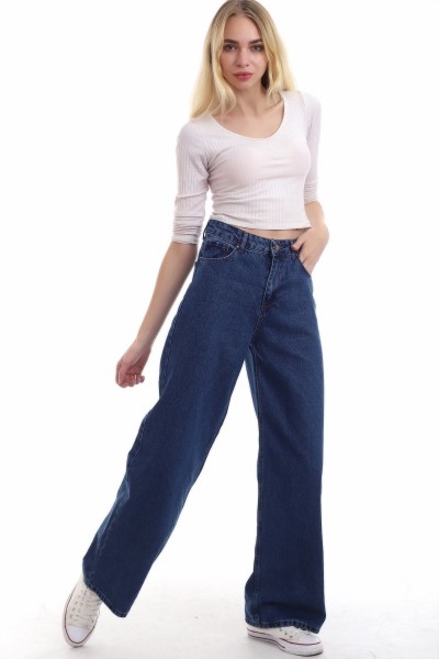 Vandanara Likralı Kadın Koyu Mavi Süper Yüksek Bel Salaş Paça Denim Kot Salaş Pantolon