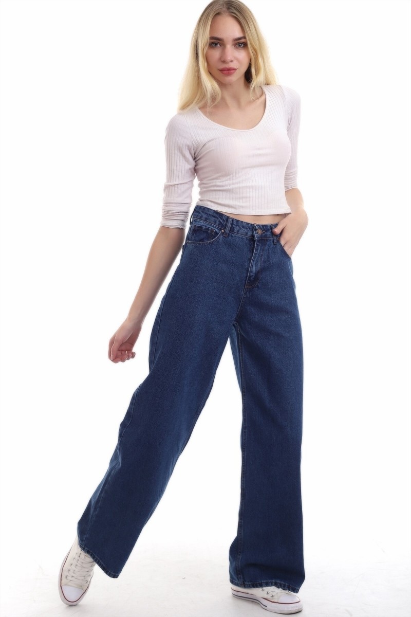 Vandanara Likralı Kadın Koyu Mavi Süper Yüksek Bel Salaş Paça Denim Kot Salaş Pantolon