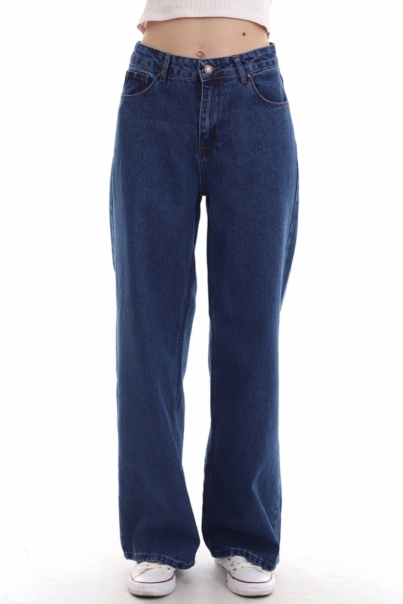 Vandanara Likralı Kadın Koyu Mavi Süper Yüksek Bel Salaş Paça Denim Kot Salaş Pantolon