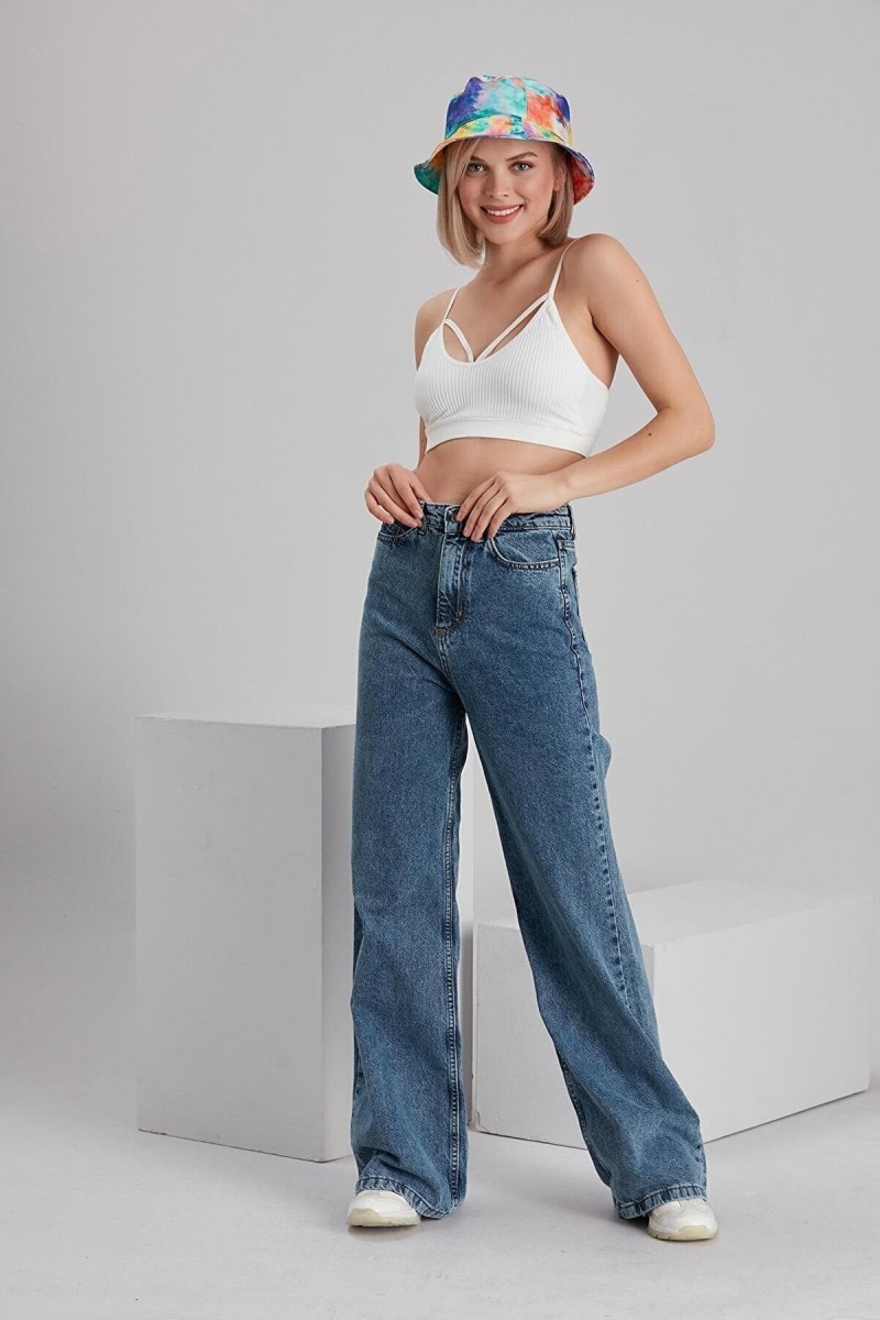 Charlisthon Likralı Kadın Mavi Orta Kar Süper Yüksek Bel Salaş Paça Denim Kot Salaş Pantolon