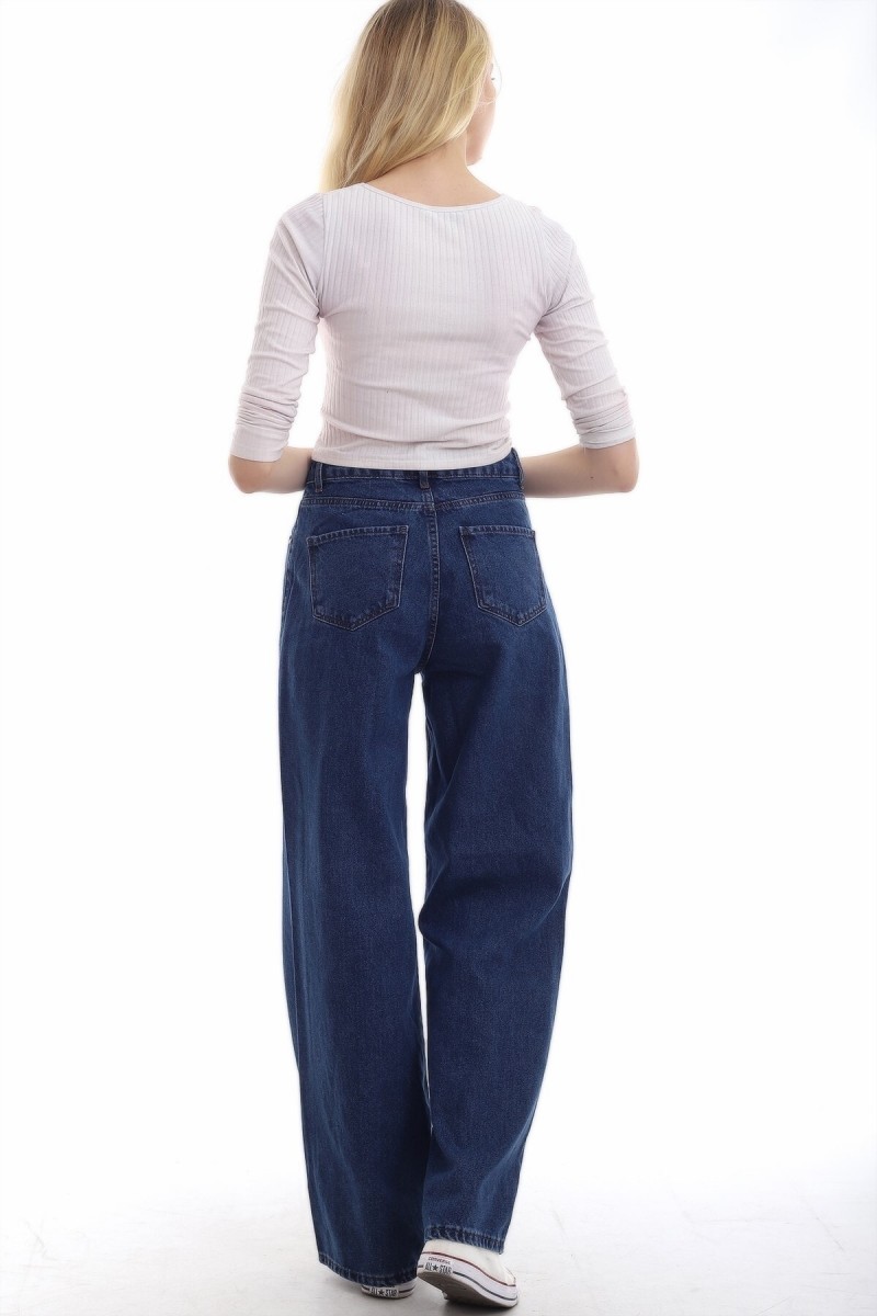 Vandanara Likralı Kadın Koyu Mavi Süper Yüksek Bel Salaş Paça Denim Kot Salaş Pantolon