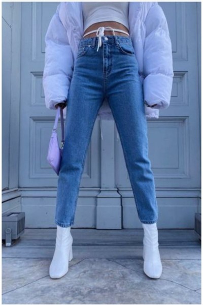 Rimma Açık Mavi Solmaz Mom Jean Kadın Boyfriend Yüksek Bel Power Likra Pantolon