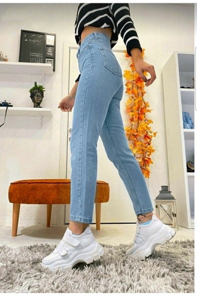 Açık Mavi Solmaz Mom Jean Kadın Boyfriend Yüksek Bel Power Likra Pantolon