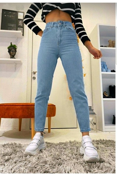 Açık Mavi Solmaz Mom Jean Kadın Boyfriend Yüksek Bel Power Likra Pantolon