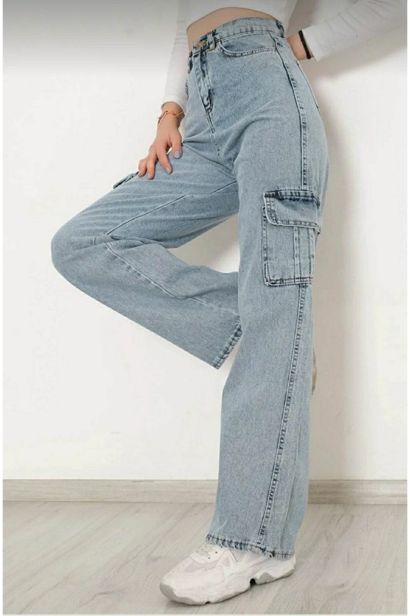 Mavi Açık Kar Kargo Cep Likralı Süper Yüksek Bel Salaş Kadın Jeans Pantolon süper Yüksek