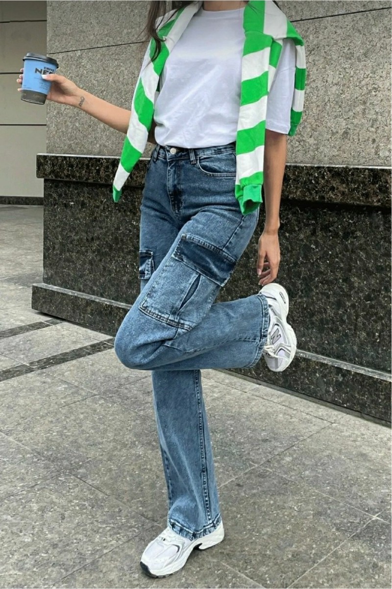 Majeste Mavi Orta Kar Kargo Cep Likralı Süper Yüksek Bel Salaş Jeans Pantolon