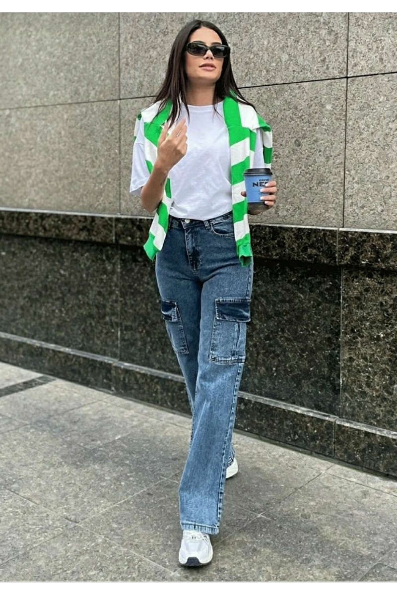 Majeste Mavi Orta Kar Kargo Cep Likralı Süper Yüksek Bel Salaş Jeans Pantolon