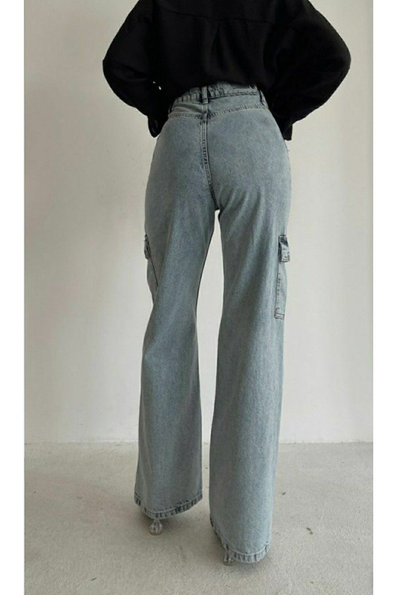 Mavi Açık Kar Kargo Cep Likralı Süper Yüksek Bel Salaş Jeans Pantolon