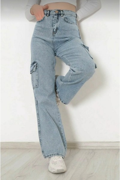 Mavi Açık Kar Kargo Cep Likralı Süper Yüksek Bel Salaş Kadın Jeans Pantolon süper Yüksek